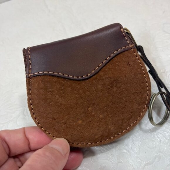 VTG Brown Leather Suede Coin Wallet Change Zip Purse Pouch Key Chain - Picture 5 of 12